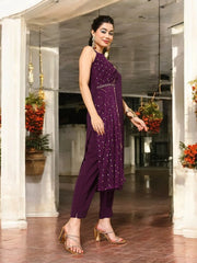 Burgundy Polka Dots Printed Gotta Patti Kurta with Trousers-AHKUPN-COMBO-737-FF