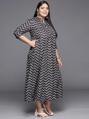 Black & White Plus Size Chevron Print Midi Ethnic Dress-AP-AHKUCRKH-875