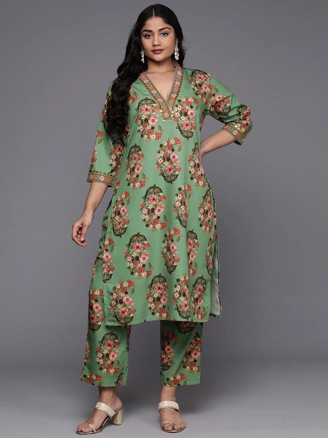 Plus Size Floral Sequined Kurta Palazzo Pants Set | Trendy