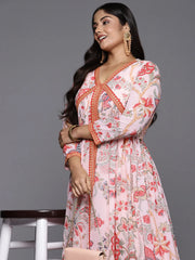 Pink Floral Printed Plus Size High Slit Kurta with Trousers-AP-AHDRPN-COMBO-617-ICH