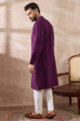Purple Silk Blend Embroidered Mandarin Collar Straight Kurta MKU2078