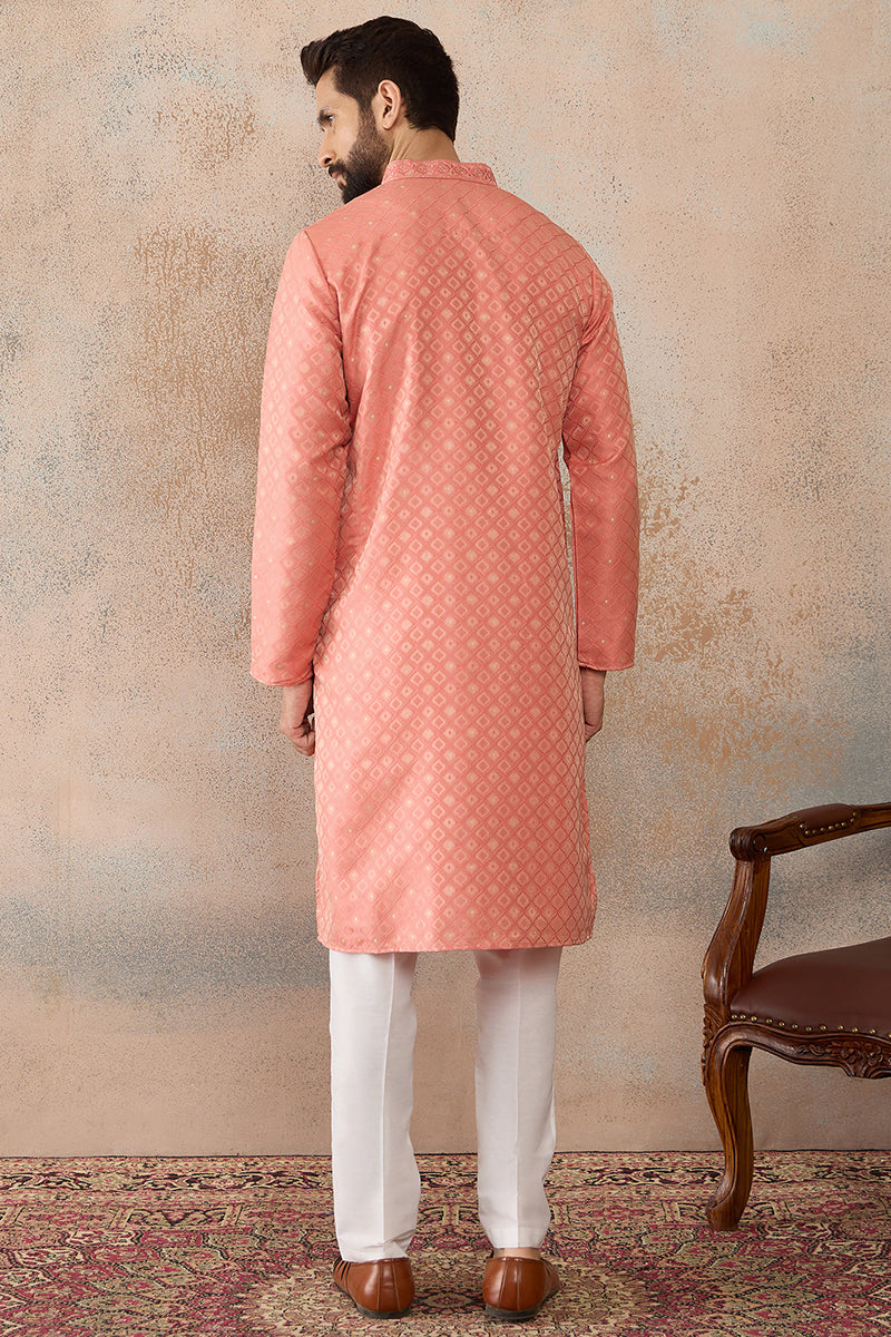 Coral Jacquard Ethnic Motifs Embroidered Kurta With Trouser MKSET2491