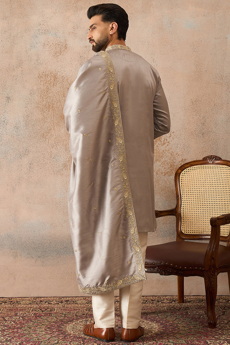 Grey Silk Blend Embroidered Ethnic Kurta with Trousers & Dupatta MKPD1044