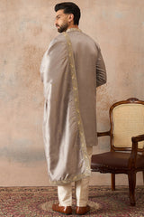 Grey Silk Blend Embroidered Ethnic Kurta with Trousers & Dupatta MKPD1044