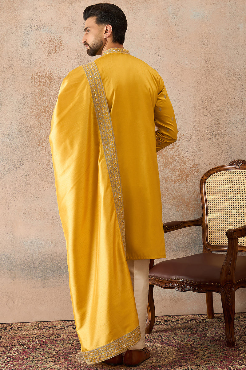 Yellow Silk Blend Solid Embroidered Kurta With Dupatta MKUD1026