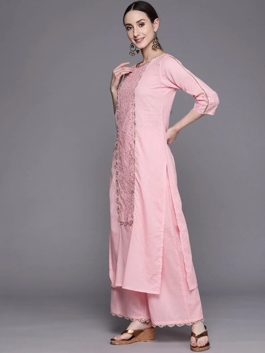 Baby Pink Cotton Kurta Palazzo Set | Kurta and Palazzo Set