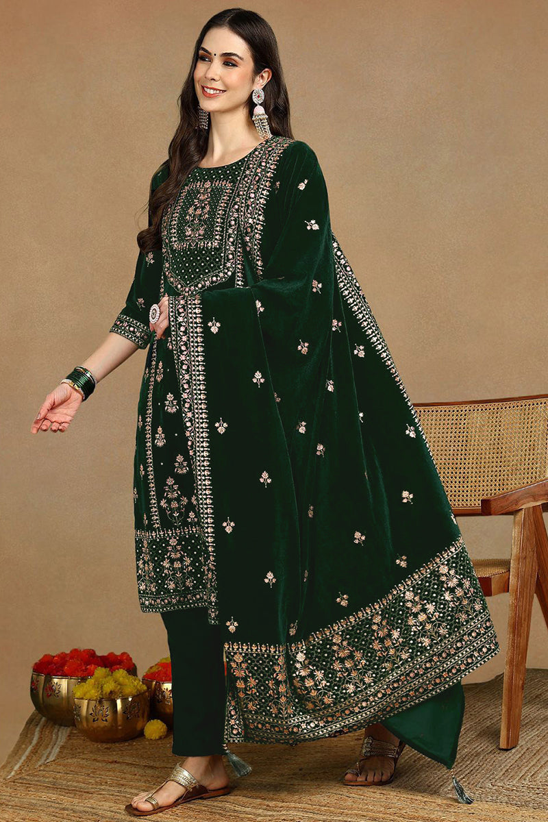 Green Velvet Ethnic Motifs Printed Straight Suit Set PKSKD2772 | DesiQ