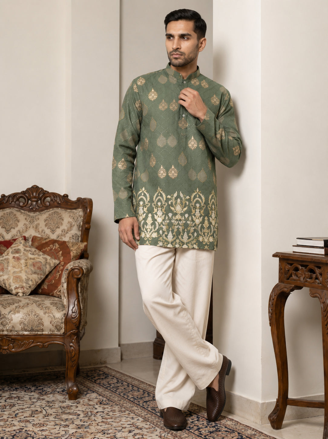 DesiQlo Men Printed Kurta Pyjama Set - Green - 65KP_PJ11W_5590Olive_S