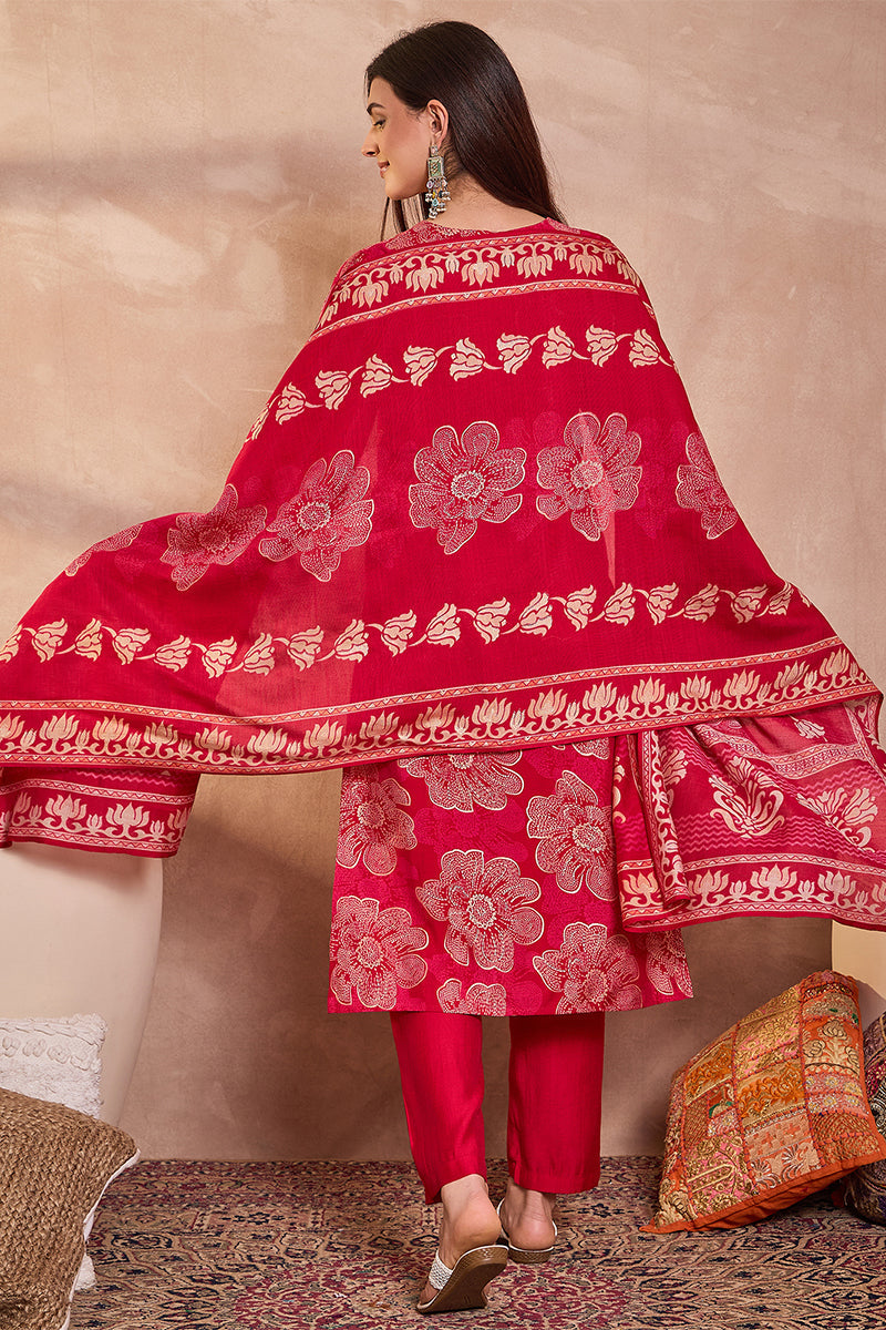 Pink  Floral Printed Straight Kurta Trouser With Dupatta VKSKD3208