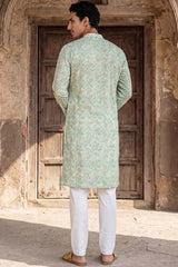 Green Cotton Blend Chevron Embroidered Kurta MKU2068