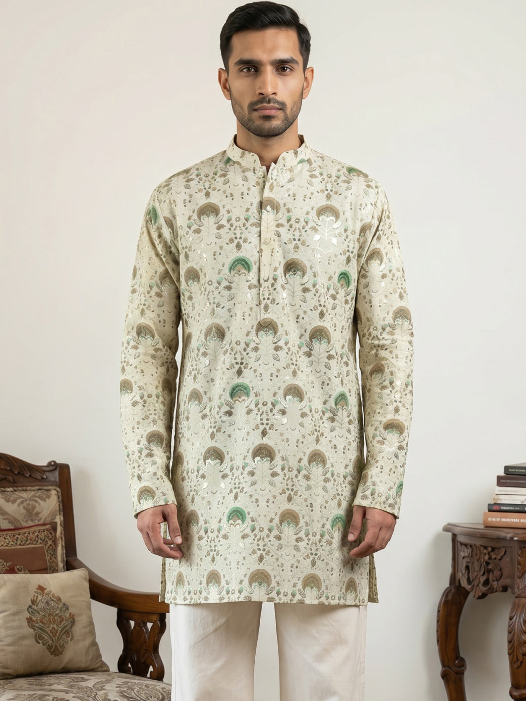 DesiQlo Men Printed Kurta Only - Beige - 65KO_5587Cream_S
