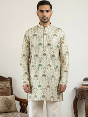 Silk Blend Foil Print Kurta ( 65KO 5587Cream )