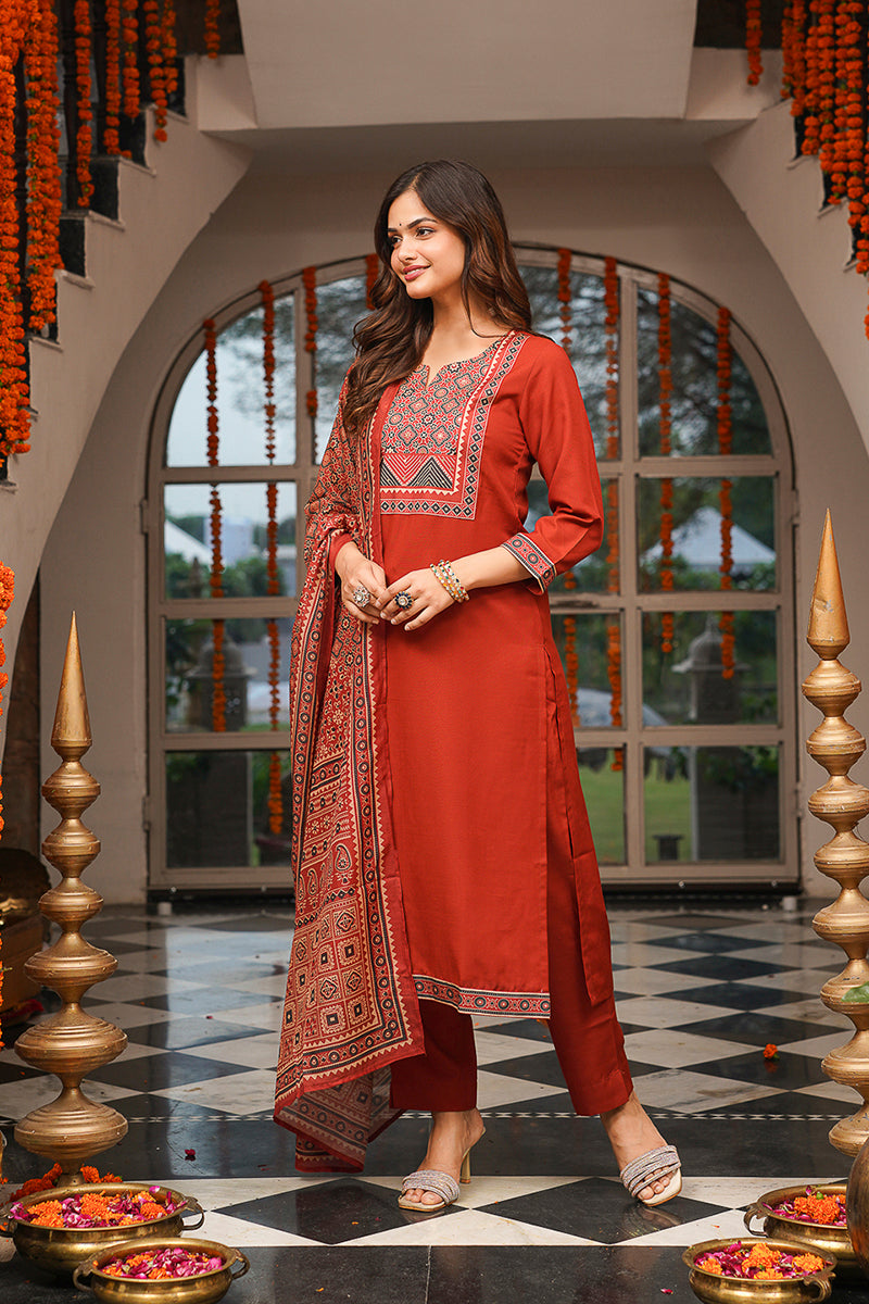 Brown Rayon Blend Ajrakh Printed Straight Kurta Trousers With Dupatta PKSKD3083