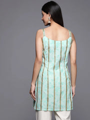 Sea Green & Gold Toned Striped Floral Printed Tunic-AHTUCRGL-8122