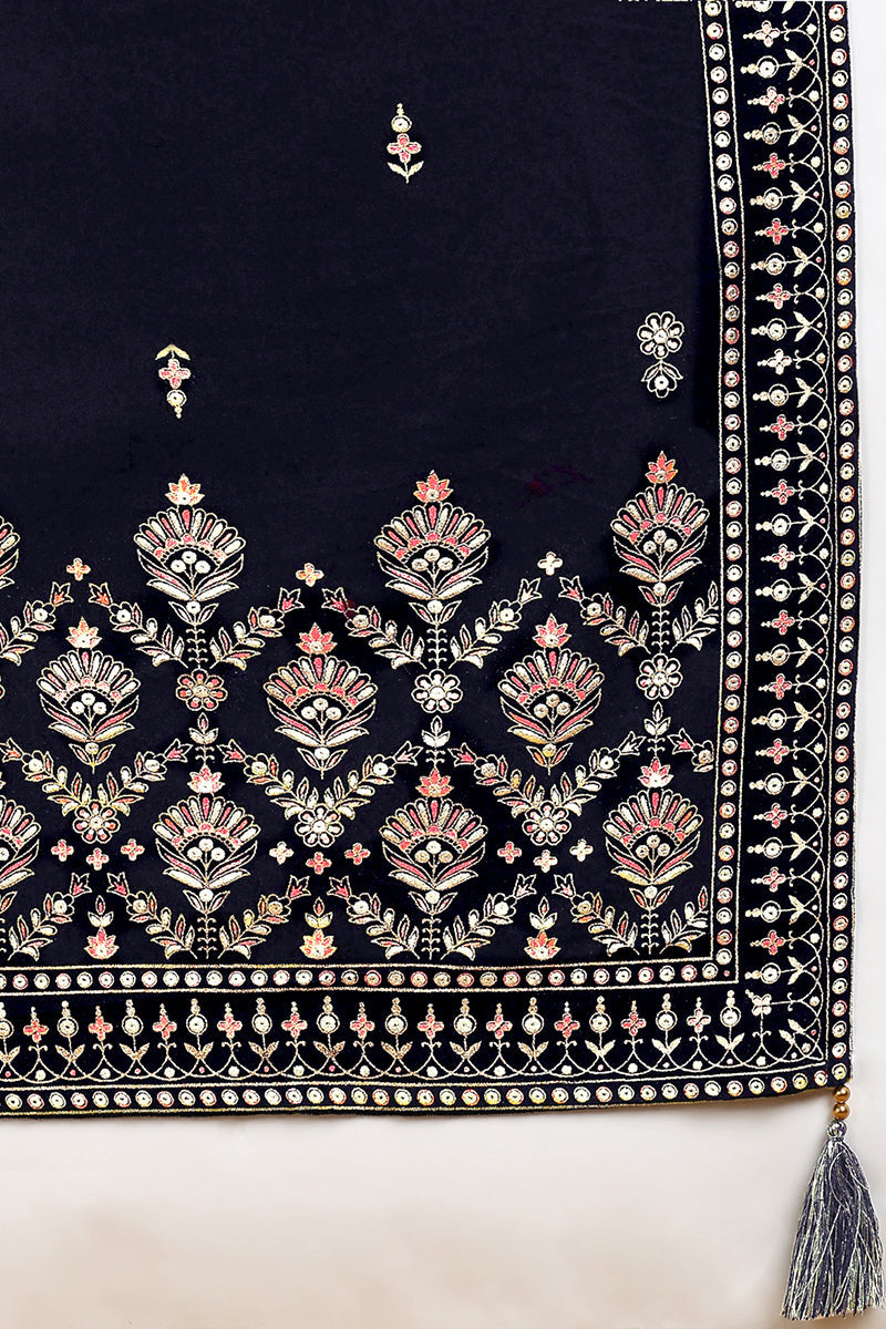 Navy Blue Velvet Ethnic Motifs Printed Straight Suit Set PKSKD2771 | D