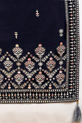 Navy Blue Velvet Ethnic Motifs Printed Straight Suit Set PKSKD2771