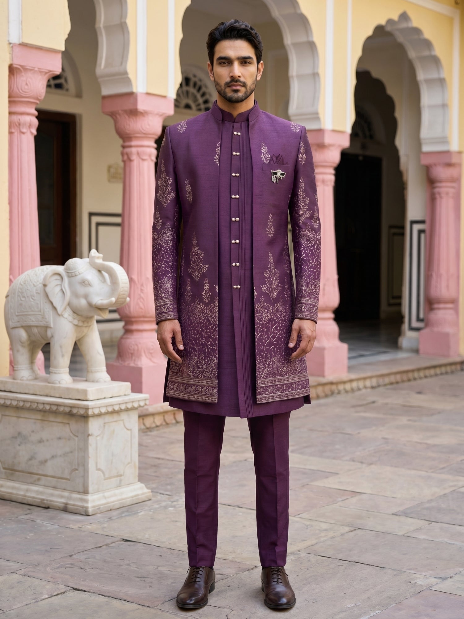 DesiQlo Men Embroidered Indo Western Set - Purple - 50JIND_221Purple_S