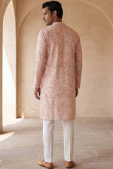 Peach Cotton Blend Chevron Embroidered Kurta With Trouser MKSET2069