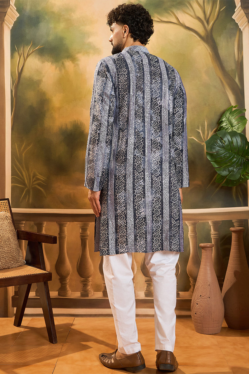 Blue Viscose Rayon Batik Embroidered Straight Kurta MKU1481