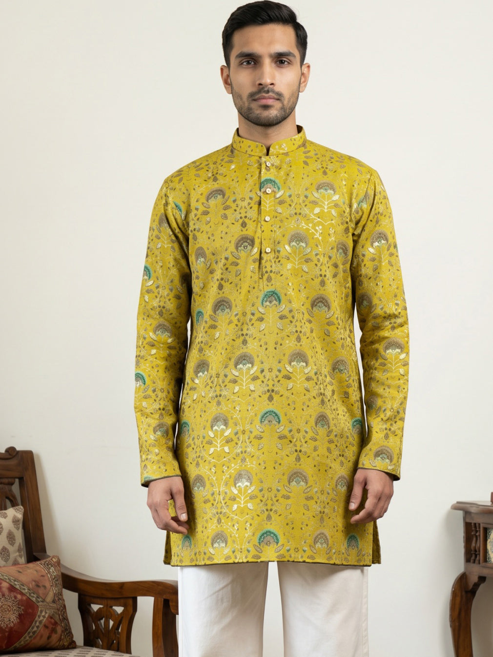 DesiQlo Men Printed Kurta Only - Yellow - 65KO_5587Mustard_S