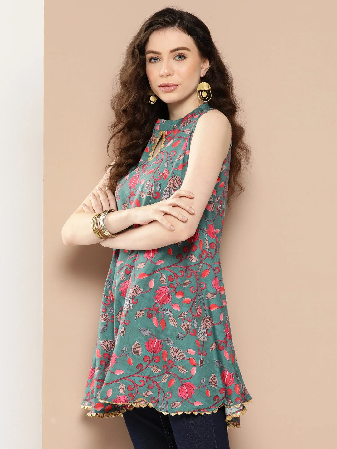 Teal & Pink Floral Tunic Top - Indian Kurta Ladies Collection