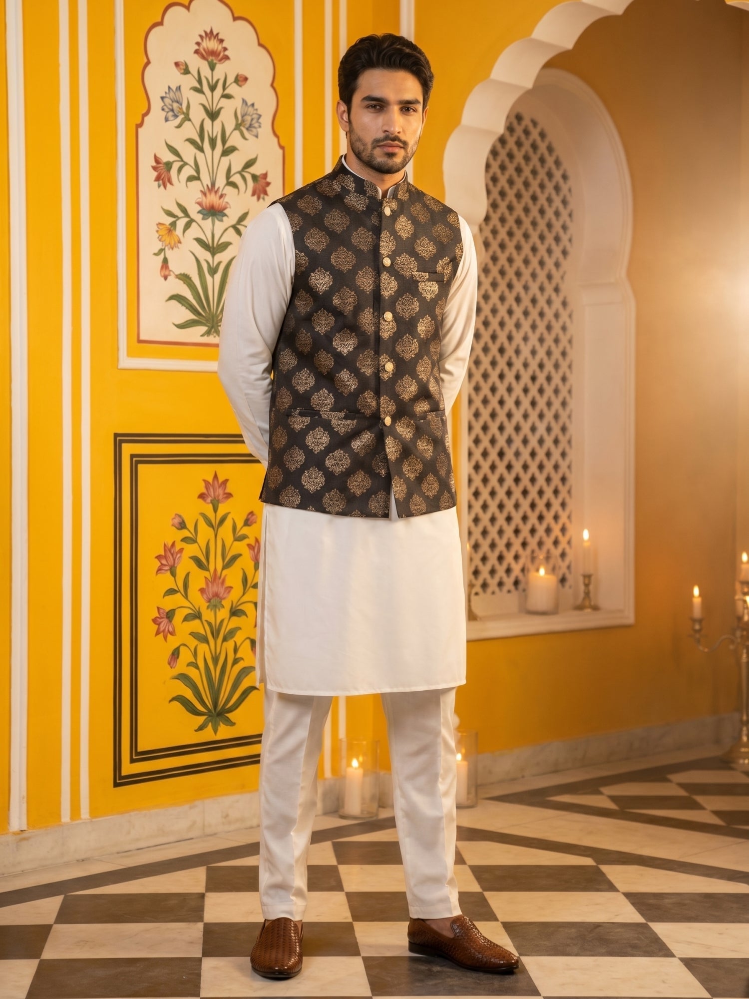 DesiQlo Men Printed Nehru Jacket and Kurta Pyjama Set - - JOKPWC_592W_