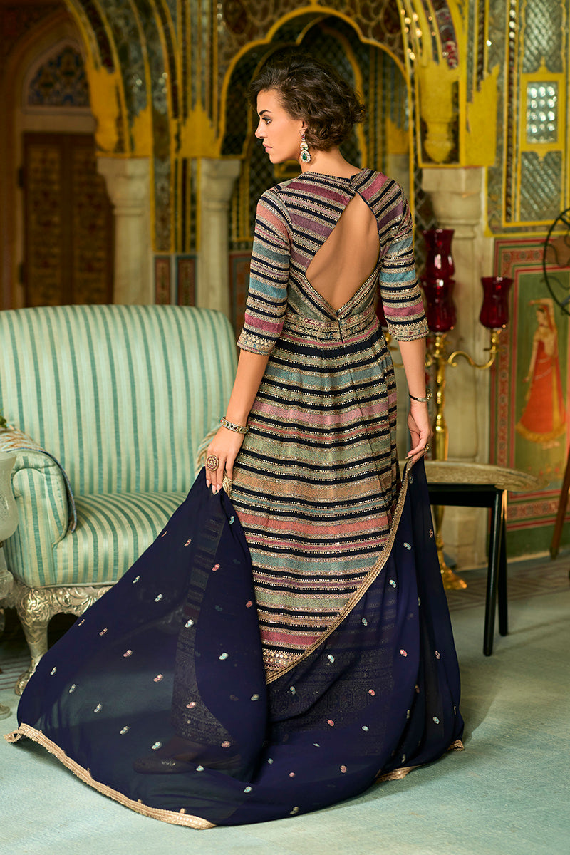 MultiColor Georgette Embroidered With Hand Work Gown With Dupatta VKSE