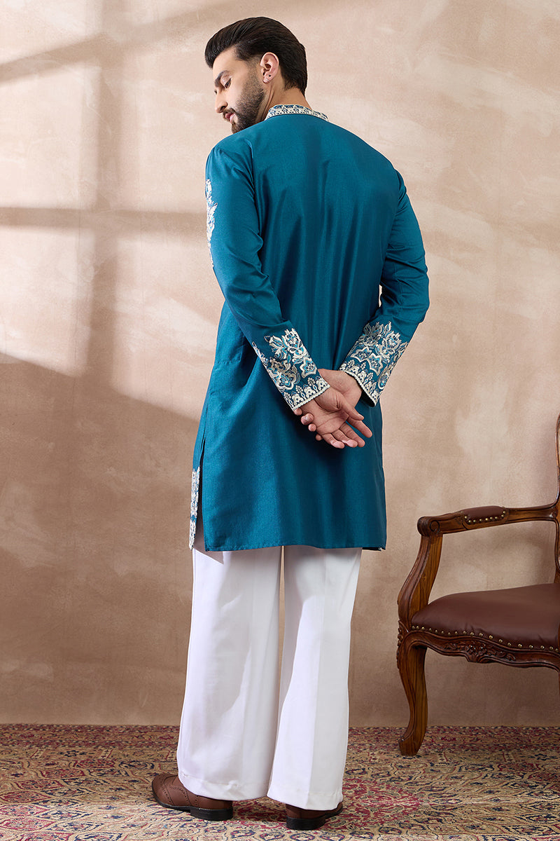 Blue Silk Blend Embroidered Mandarin Collar Straight Kurta With Trouse