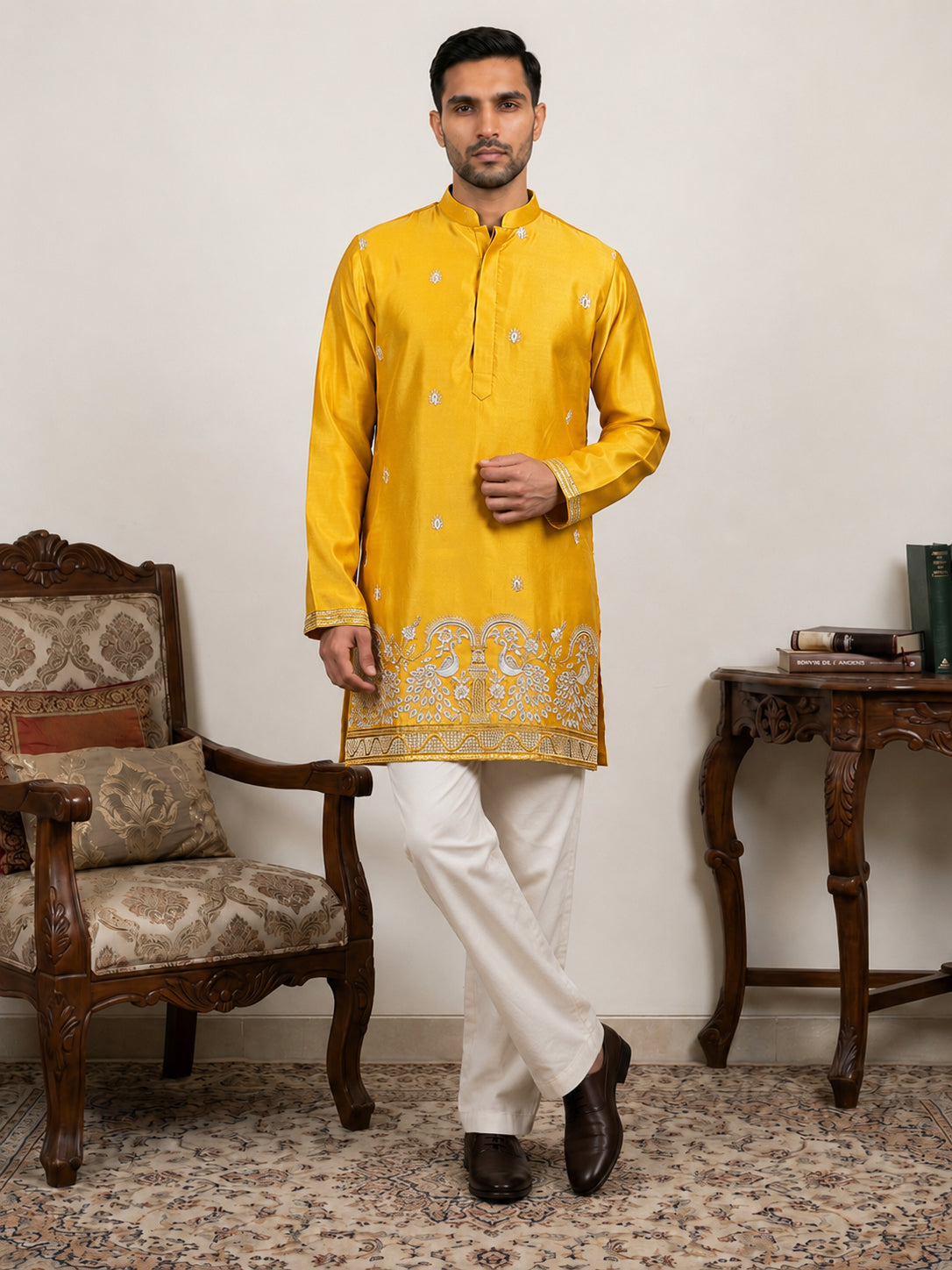 DesiQlo Men Embroidered Kurta Pyjama Set - Yellow - 65KP_PJ11W_5600Mus