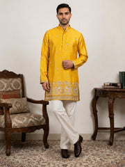 Silk Blend Embroidered Kurta & Korean Pants Set ( 65KP PJ11W 5600Mustard ) [FF] [G-4]