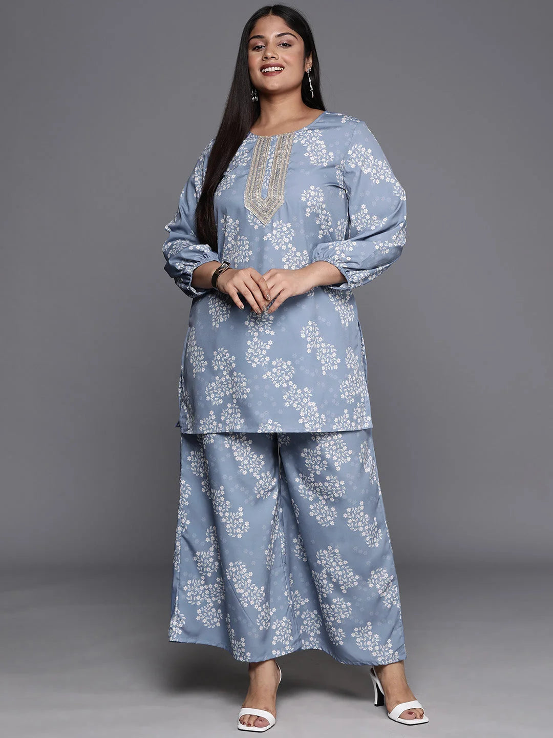 Blue Floral Plus Size Tunic & Palazzos Set | Co-ord Sets