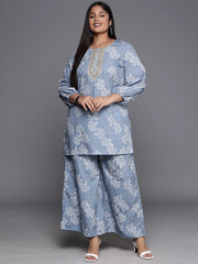 Blue & White Floral Print Plus Size Ethnic Tunic with Palazzos-AP-AHTUPZ-COMBO-646-EMB-OA