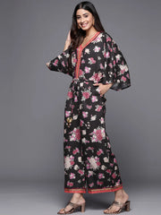 Black Floral Printed Jumpsuit With Lace Inserts-AHJSCRDP-53
