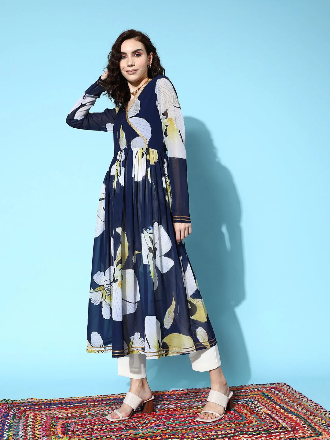 Navy Floral Gotta Patti Kurta | Georgette Indian Kurtis Online