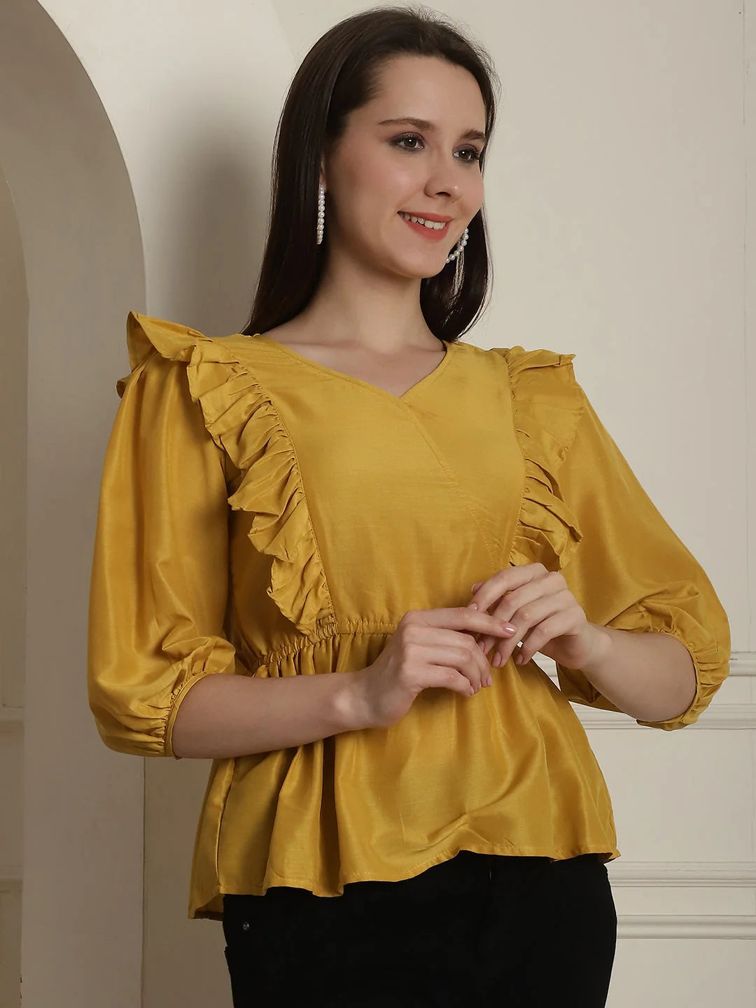 Black Frilled Women's Top | Trendy Cotton Blend Women's Shirts