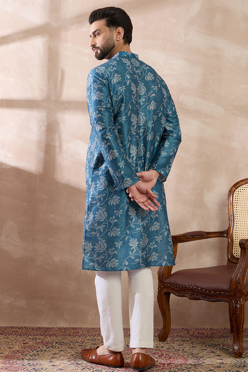 Blue Silk Blend Printed Mandarin Collar Straight Kurta With Trouser MKSET1998