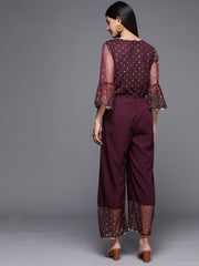 Burgundy Polka Dots Printed Jumpsuit With Waist Tie-Ups-AHJSNTFP-51
