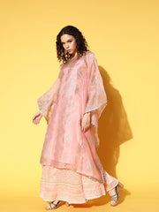 Pink & Gold Printed Gotta Patti Organza Kaftan Kurta-AHKFORGL-6063