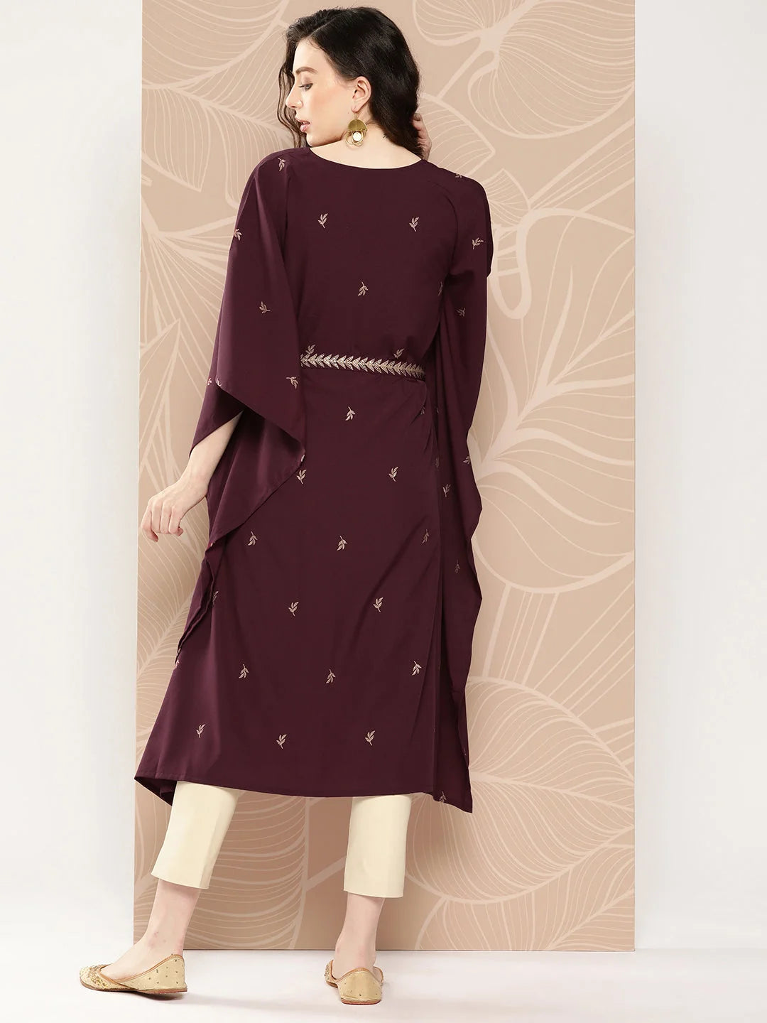 Burgundy Floral Kaftan Kurta with Belt: Printed Kaftans for Women