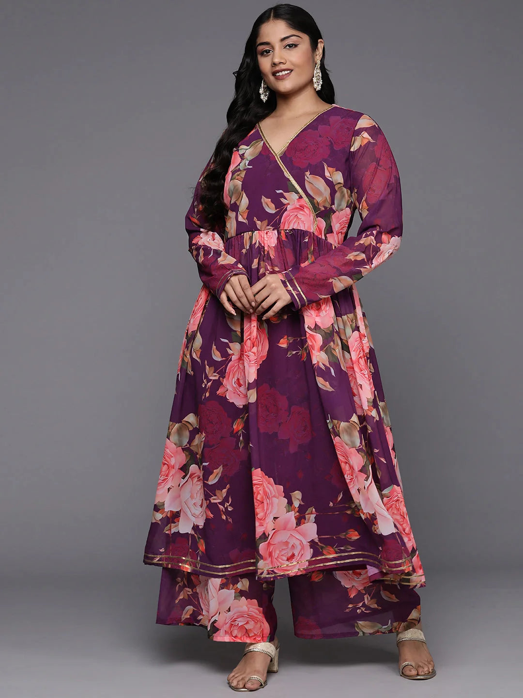 Plus Size Floral Kurta Palazzo Set | Angrakha Style