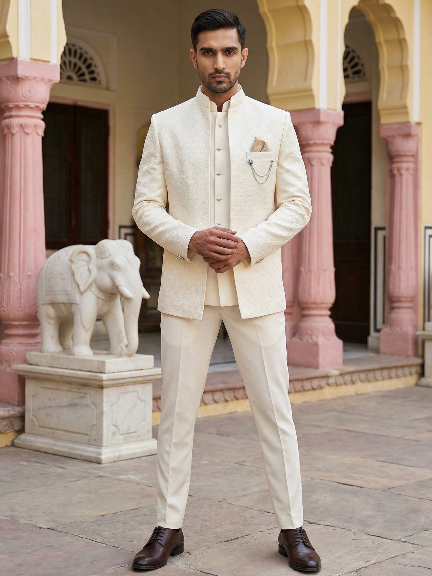 DesiQlo Men Self Design Indo Western Set - Beige - 50JIND_155Cream_S