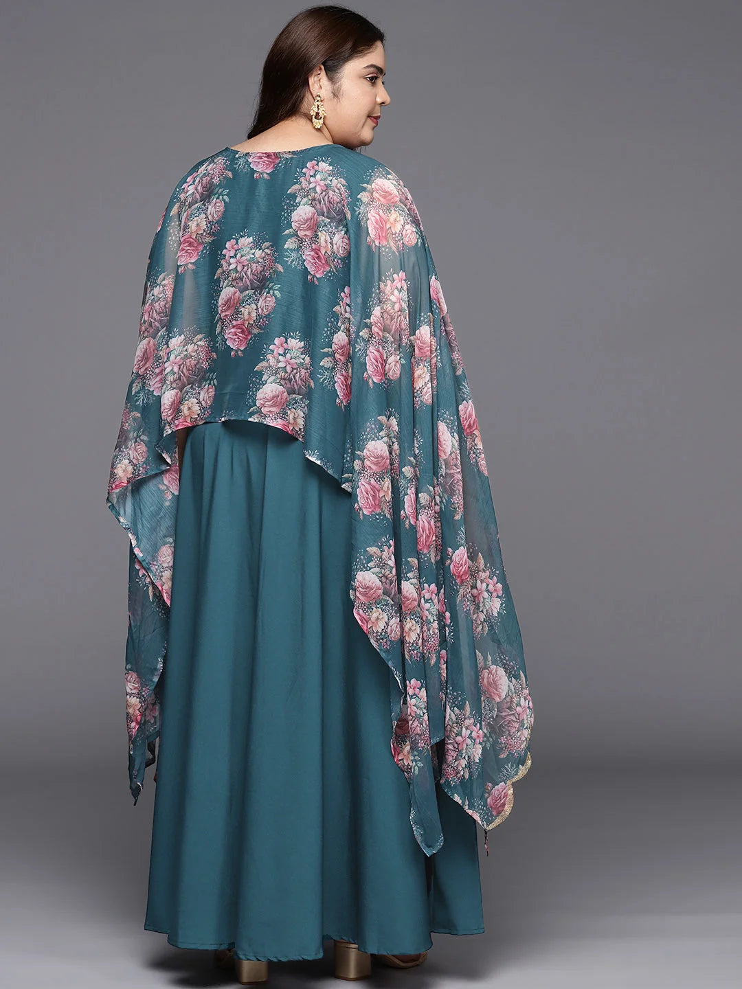 Green Printed Maxi Dress with Cape | Indian Dresses Online