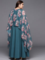 Green Printed Plus Size Maxi Ethnic Dress with Cape-AP-AHKUCRCFDP-786
