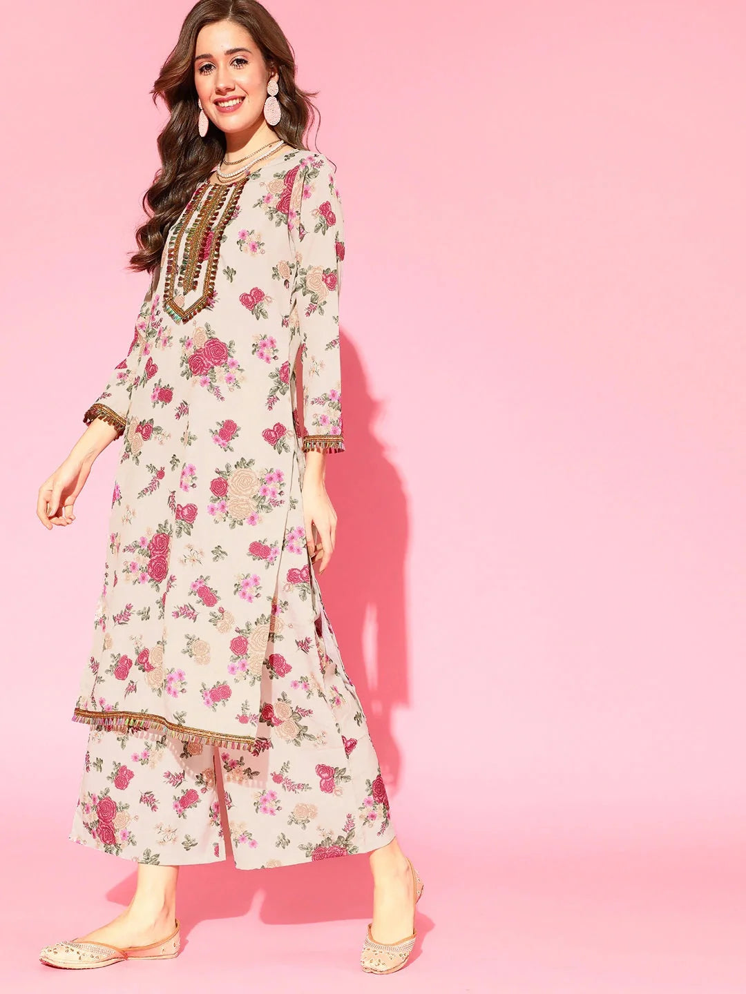 Beige Floral Kurta Palazzo Set with Dupatta | Women's Style
