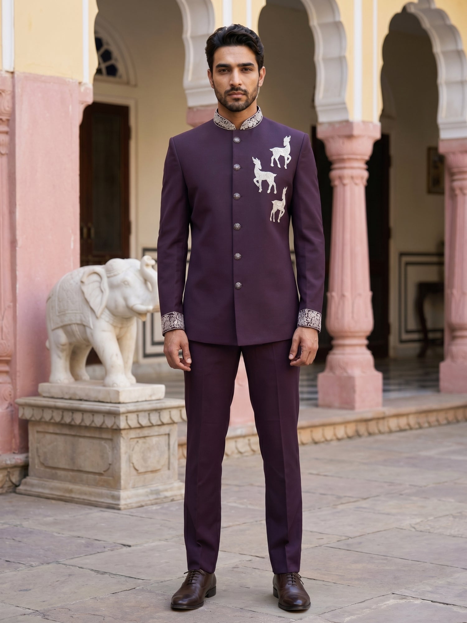 DesiQlo Men Embroidered Indo Western Set - Purple - 50JIND_216Purple_S