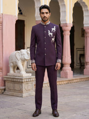 Deer Embroidered Japanese Fabric Indo-Western Set ( 50JIND 216Purple )
