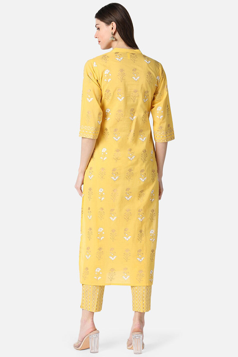 Yellow Pure Cotton Ethnic Motifs Straight Kurta Set VKSET1062