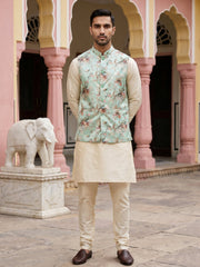 Men's Silk Blend Kurta Set with Printed Nehru Jacket ( JOKPWC 636W 4007Lime )