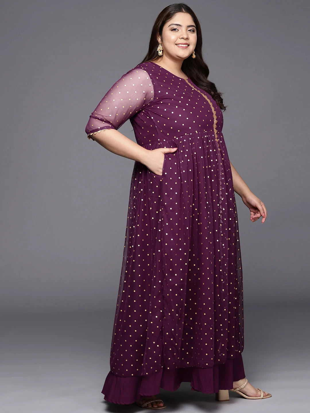Burgundy & Gold Polka Dot Plus Size Indian Dresses Online