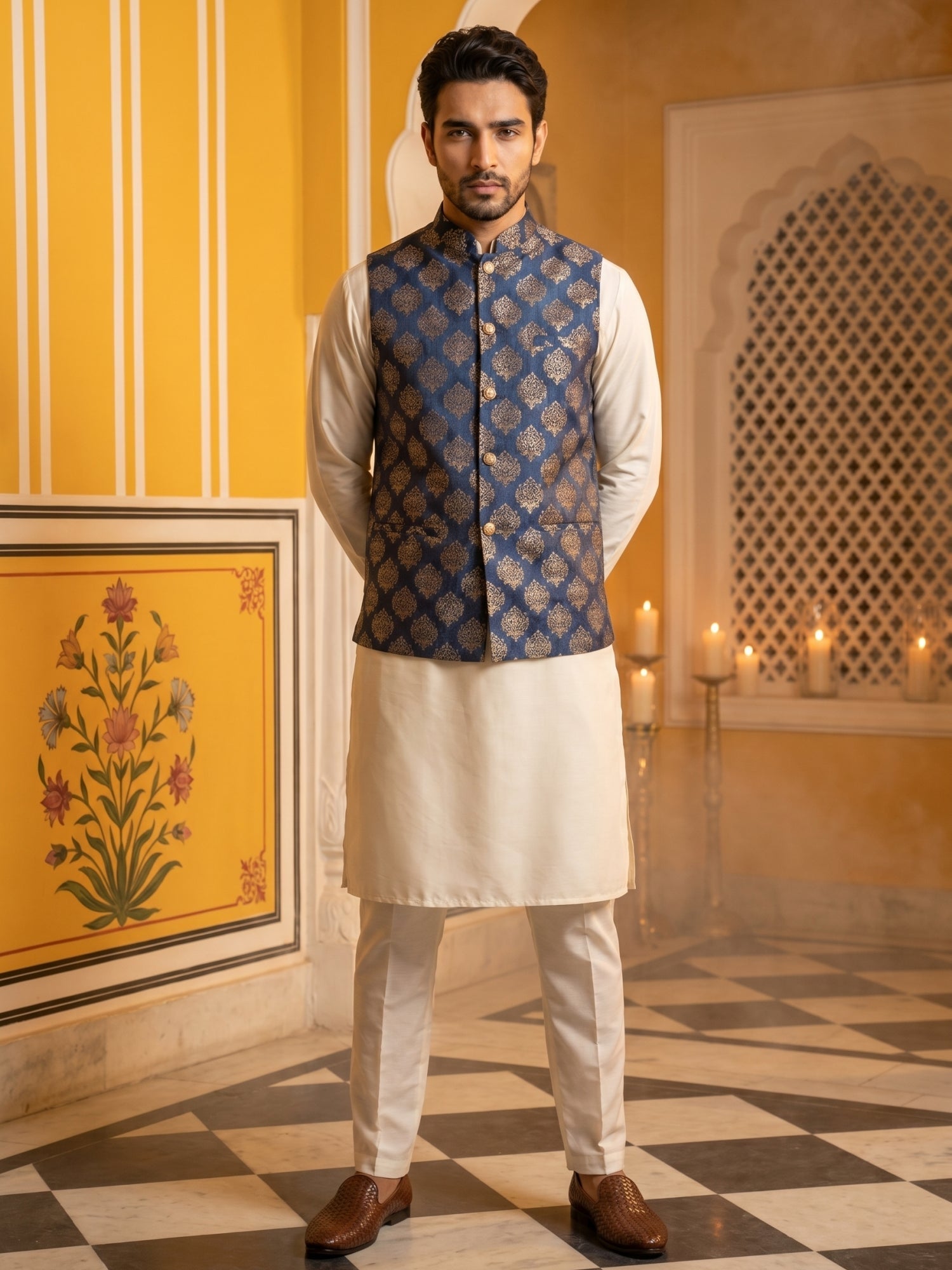 DesiQlo Men Printed Nehru Jacket and Kurta Pyjama Set - - JO 32navy